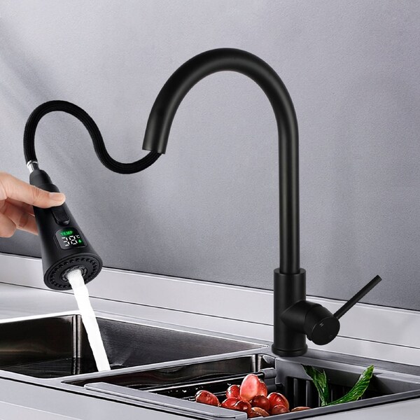 ACA Temperature Display Kitchen Tap 2 Modes Pull Out Kitchen Sink Mixer Tap Swivel Black Faucet