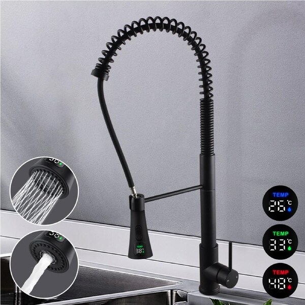 ACA Brass Pull Out Kitchen Sink Mixer Tap Faucet Temperature Display Spray Head Black