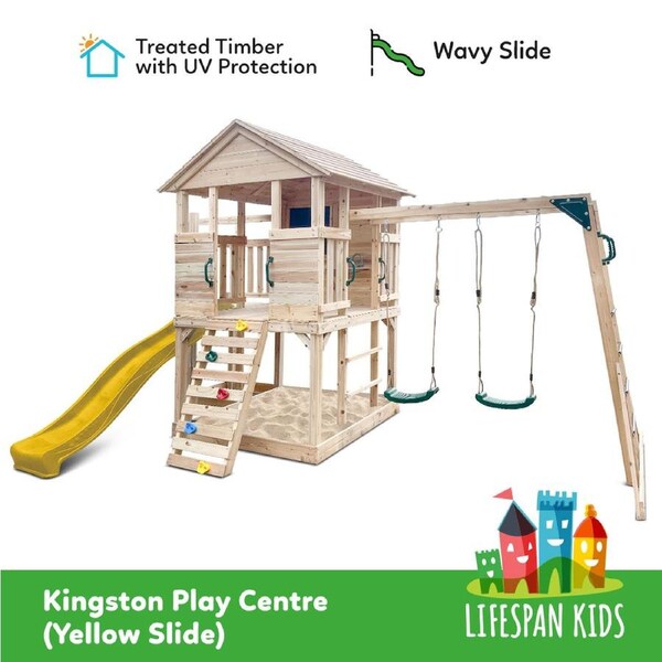 Lifespan Kids Kingston Cubby House Swing Set with 2.2m Yellow Slide