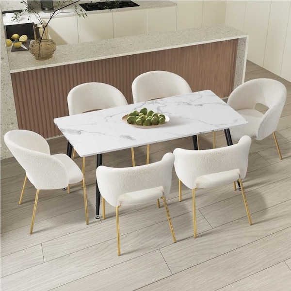 Oikiture 7PCS Dining sets 120cm Rectangle Table with 6PCS Chairs Sherpa White