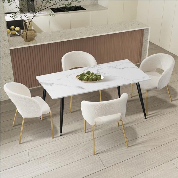 Oikiture 5PCS Dining sets 120cm Rectangle Table with 4PCS Chairs Sherpa White