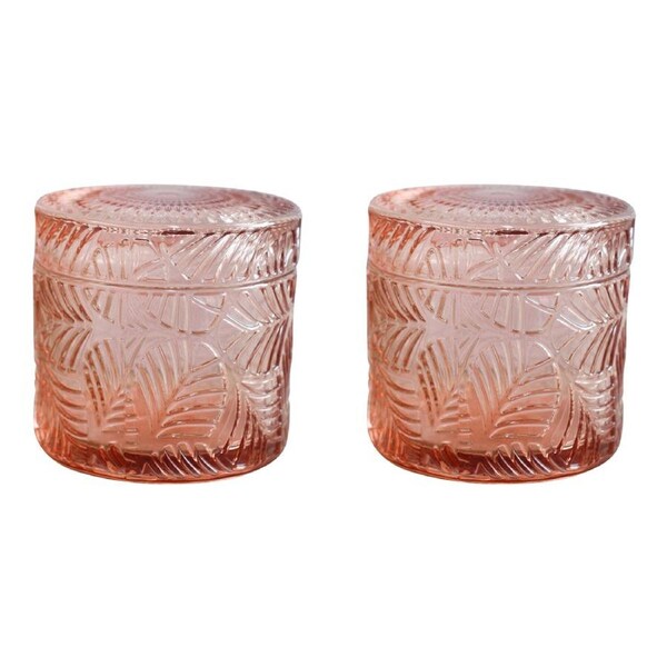 2x Leaves Oasis Glass 9cm Trinket Storage w/ Lid Round Jewellery Organiser Pink