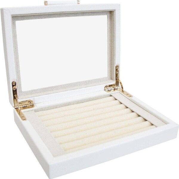 MDF Glass 20x15.5cm Jewellery Ring Box Storage Holder Organiser Rectangle White