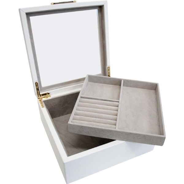 MDF Glass 21x20.5cm Jewellery Box Storage Holder Display Organiser Square White
