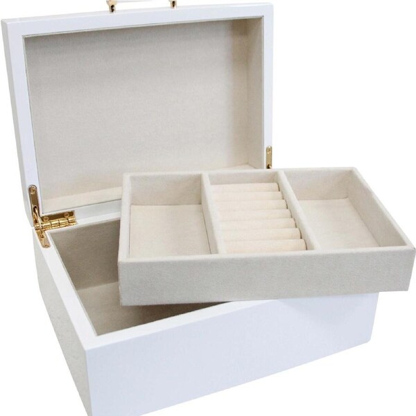 MDF Glass 19.5cm Lacquer Jewellery Box Storage Display Organiser Medium White