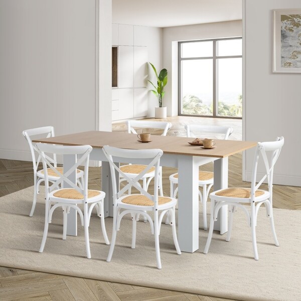 Oikiture 160cm Extendable Dining Table with 6PCS Dining Chairs Crossback White