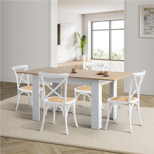 Oikiture 160cm Extendable Dining Table with 4PCS Dining Chairs Crossback White