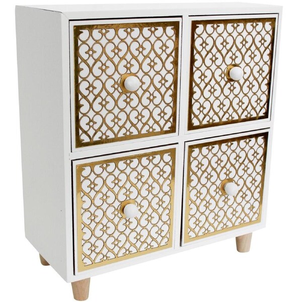 MDF 24cm Square 4-Drawer w/ Stand Organiser Storage Home Decor Box White/Gold
