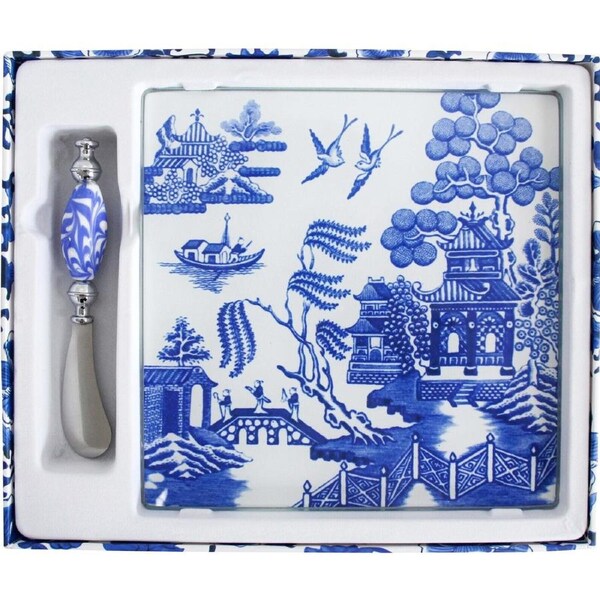 2pc Gift Server Chinoiserie 28.5cm Glass Cheese Board & Spreader Serving Set