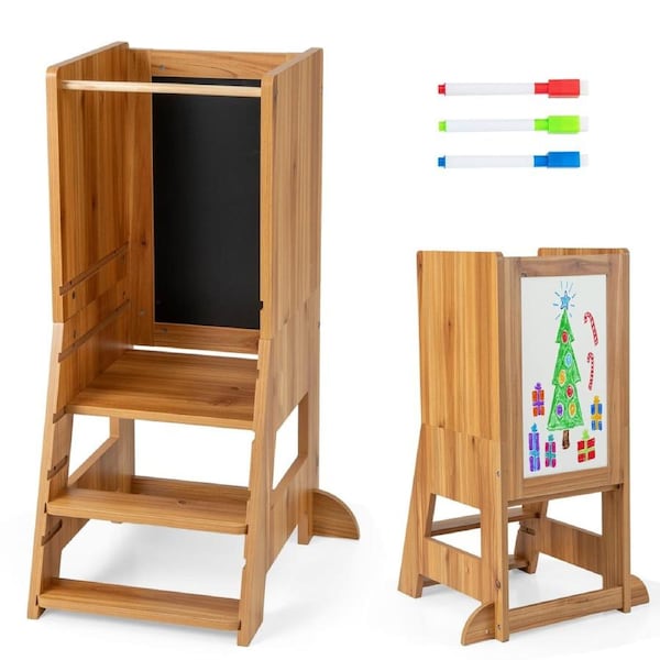 Costway Step Stool Standing Tower Kitchen Stool Helper w/Drawing Board Natural