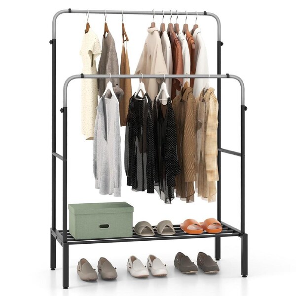 Costway Clothes Garment Hanging Rack Double Rails Shoe Storage Shelf Organizer Metal Clothes Dryer Black