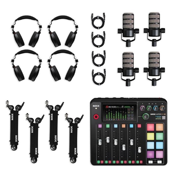 Rode Four Person Podcasting Bundle Inc.RodeCaster ProII,4X PodMic, NTH100, PSA1+ & XLR3M