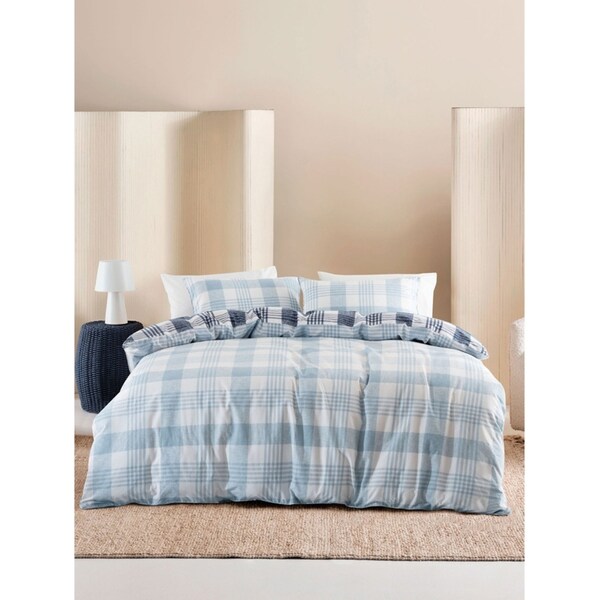 ESPRIT Wynona Sky/Navy Blue Chambray Check Pattern Quilt Cover Set Single Bed