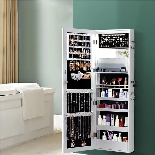 Levede Mirror Jewellery Cabinet Jewelry Box Wall Mounted Hang Over LED White
