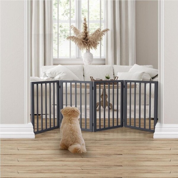 PaWz Wooden Pet Gate Dog Fence Retractable Barrier Portable Door 4 Panel Grey