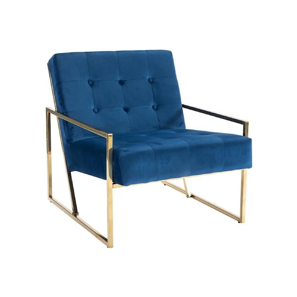 Arm Chair Velvet Upholstery Blue Colour Wooden Frame High Density Foam Metal Base with Gold Paint