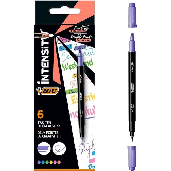 BIC Intensity Dual Tip Assorted Highlighter Pens Chisel Nib & Fine Tip - 6 Pens