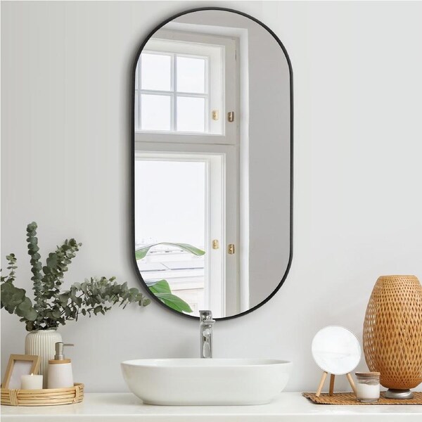 Oikiture Wall Mirrors 84x50cm Oval Makeup Mirror Bedroom Home Decor Black