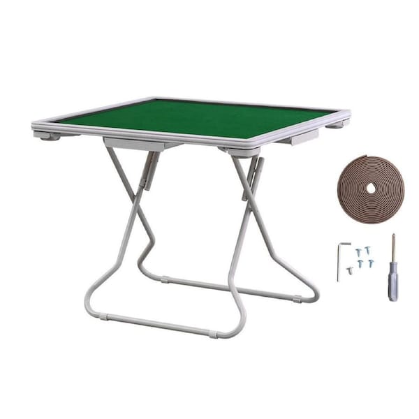 88cm Square Folding Mahjong Card Table with Felt Green Surface Tabletop and Cup Holders Drawers Portable Foldable Game Table for 4 Players Green