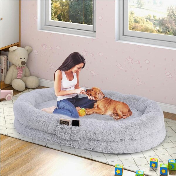 Costway Human Size Dog Bed Extra Large Orthopedic Dog Calming Bed Waterproof Nap Bed w/Blanket&Pillow Grey