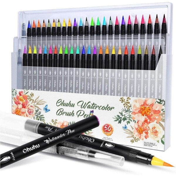 48 Watercolor Brush Markers with Water Brushes for Adult Coloring - Water Soluble