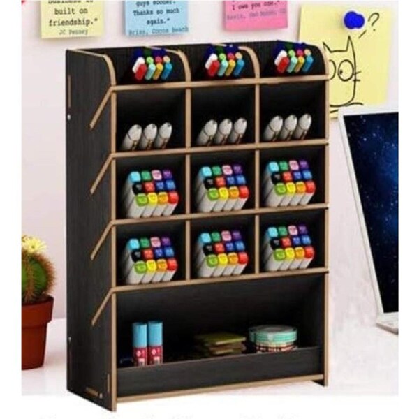 Multi-Functional Wooden Desk Organizer with Drawer - Black