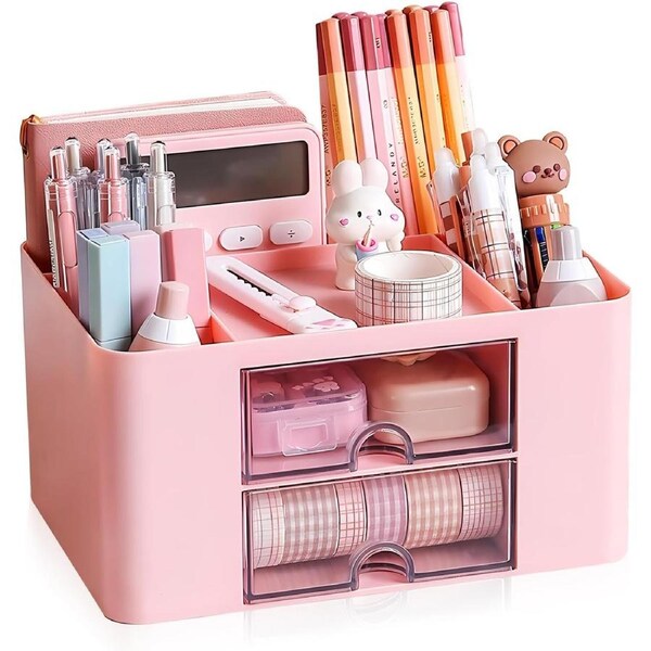 2-Drawer Desk Organizer with Stickers - Pink