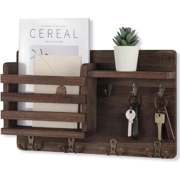 Farmhouse Wall Mail Holder with Key Hooks and Floating Shelf - Natural Wood (16.8x10x3.2)