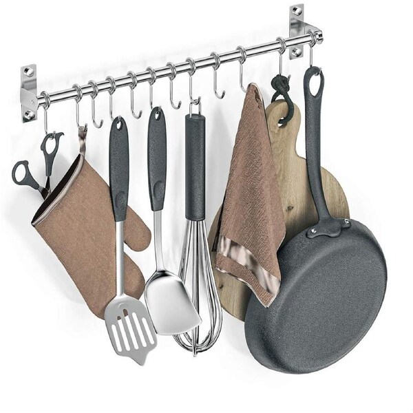 Stainless Steel Utensil Rack with 12 Hooks - 20 Wall Mount Hanger for Kitchen Utensils