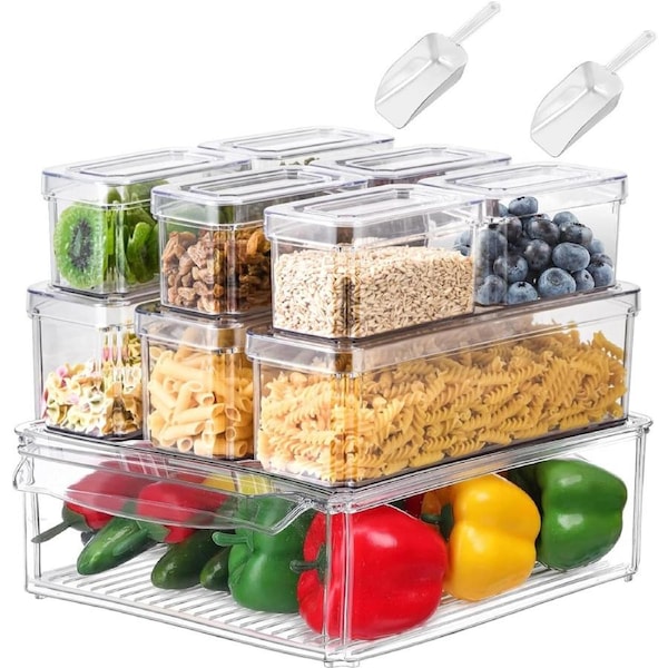 10-Pack Clear Pantry Organizer Bins with Lids and Spoons - Storage for Kitchen, Cabinets, Fridge