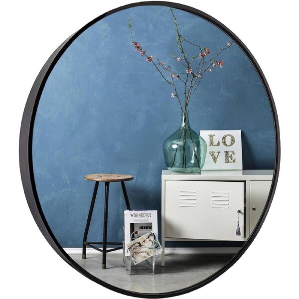 Black Metal Frame Round Mirror - 50cm for Bathroom, Bedroom, Hallway