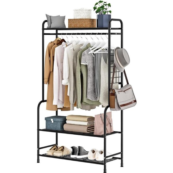 Portable Metal Clothing Rack with Shelves and Mesh Sides - Black