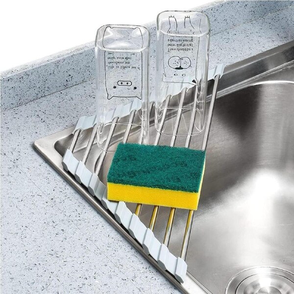 Triangle Roll-Up Dish Drying Rack for Sink Corner - Stainless Steel (Grey)