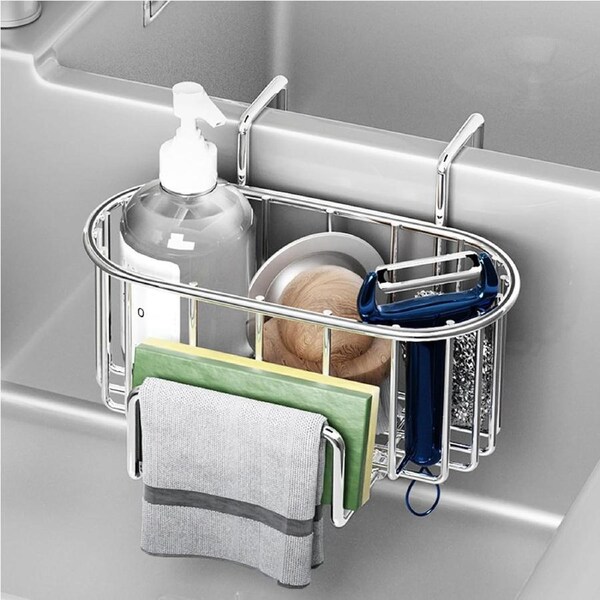 Stainless Steel Sink Sponge Holder - Kitchen Caddy Organizer for Hanging Sponges and Scrubbers