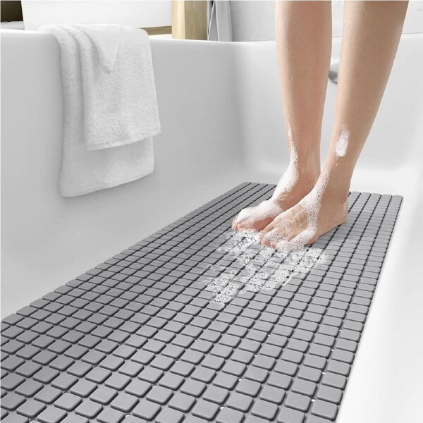 Non-Slip Bath Tub Shower Mat - 16x39, Suction Cups, Drain Holes, Grey