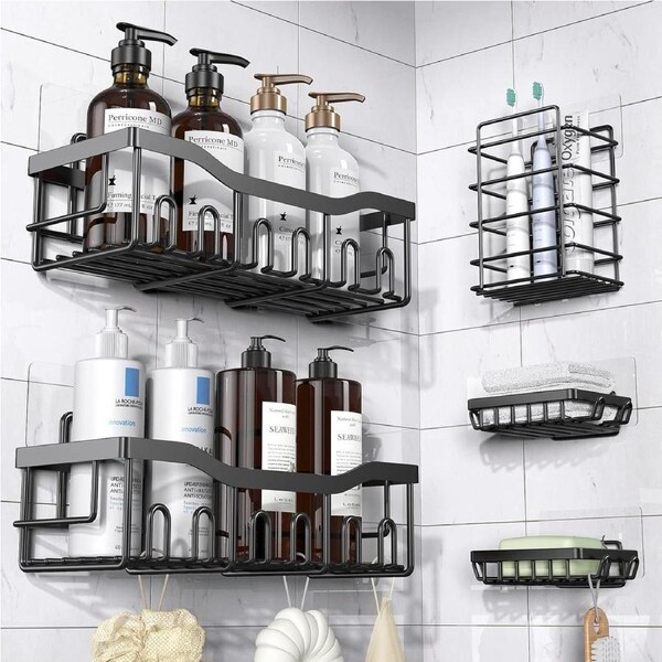 5-Pack Adhesive Shower Caddy for Bathroom & Kitchen Storage, Stainless Steel - BLACK