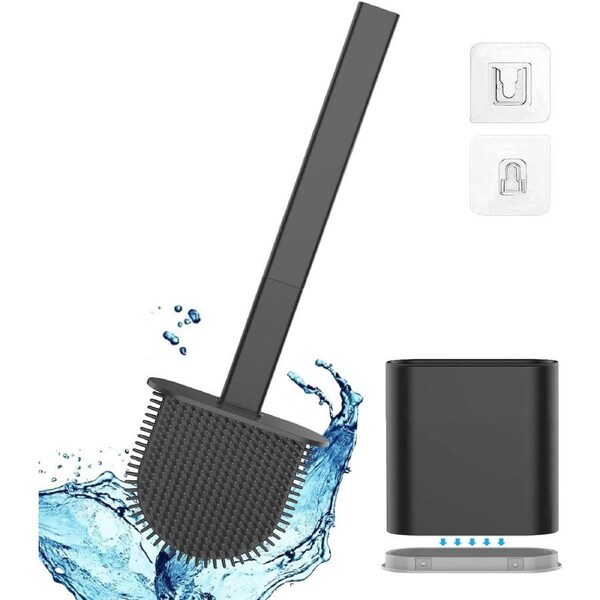 Flexible Silicone Toilet Brush Set with Holders - Black