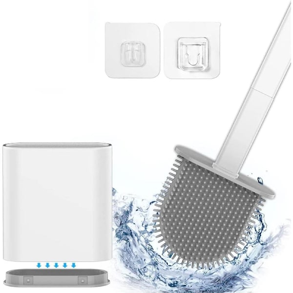 Flexible Silicone Toilet Brush Set with Holders for Bathroom - Wall Mountable (White)