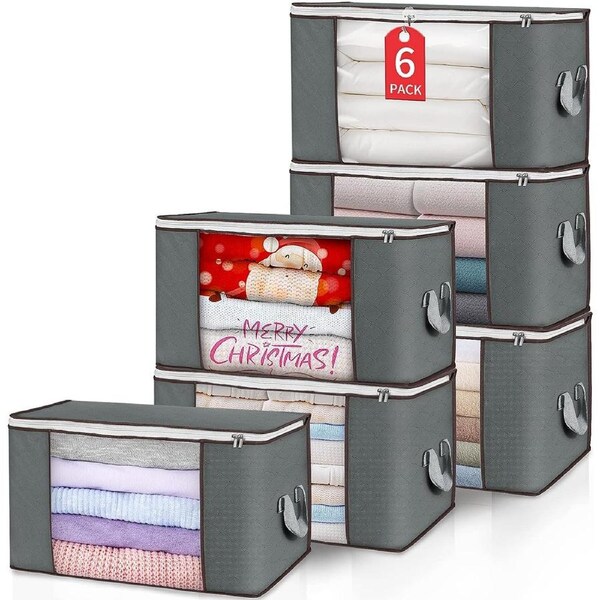 6 Pack Large Storage Bags for Clothes, Blankets, and More - Grey