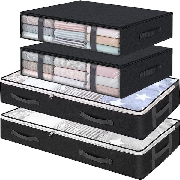 4-Pack Under Bed Storage Bags with Clear Window - Black