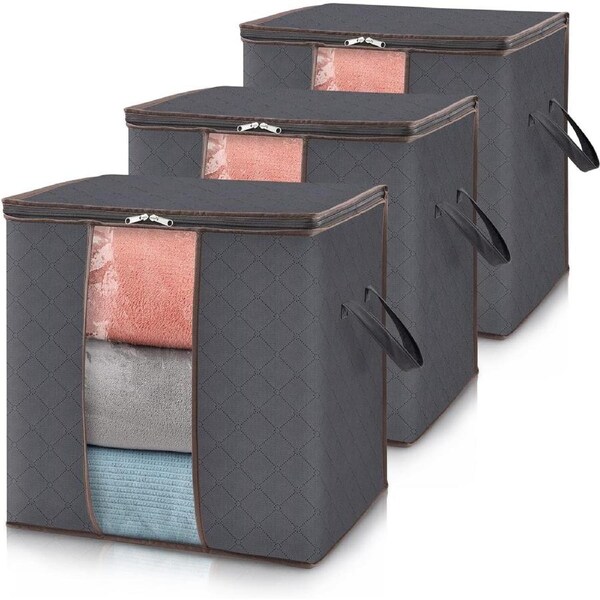 90L Clothes Storage Bag with Reinforced Handle and Sturdy Zipper - 3 Pack, Grey