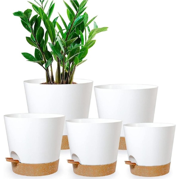 5-Piece Self-Watering Plant Pots with Drainage Holes & Tray for House Plants