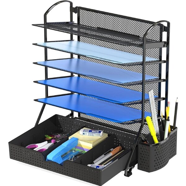 Black Desk Organizer with 6 Trays & Sliding Drawer