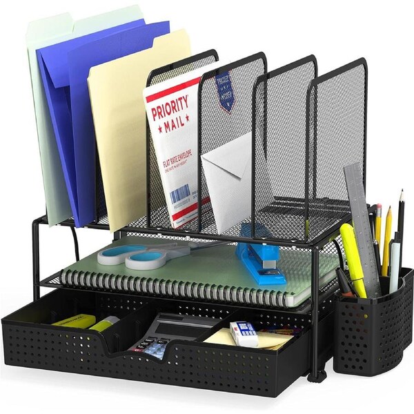 Black Desk Organizer with Sliding Drawer, Double Tray & 5 Upright Sections