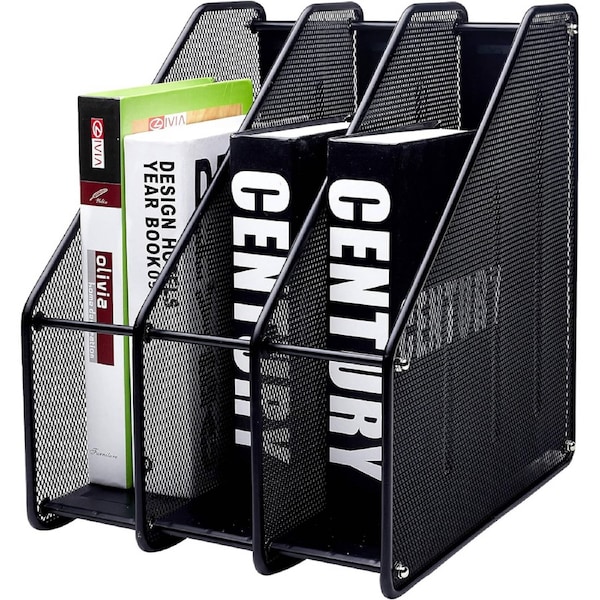 3-Compartment Mesh Metal Desktop Magazine Holder - Black