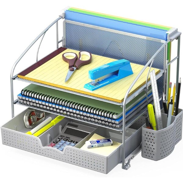 Silver Desk Organizer with 3 Trays, Sliding Drawer, File & Pen Holders