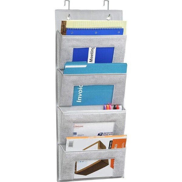 Wall Hanging File Organizer with 4 Clear Pockets for Office Supplies