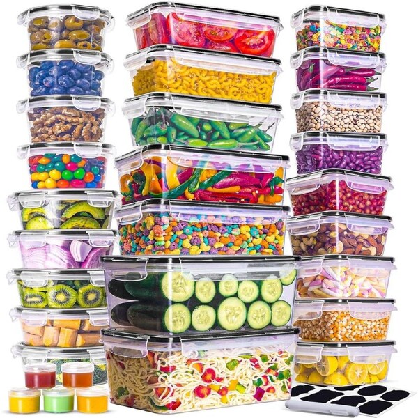 60-Pc Airtight Food Storage Containers Set - 100% Leakproof & Reusable with Labels & Marker