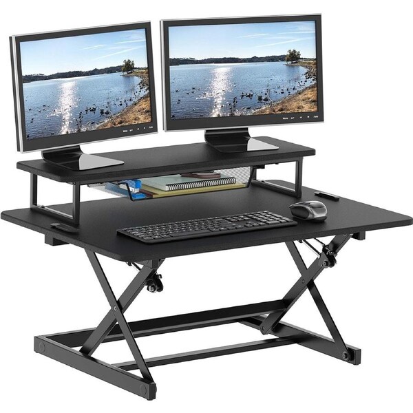 36 Pneumatic Standing Desk Converter with Monitor Riser - Black
