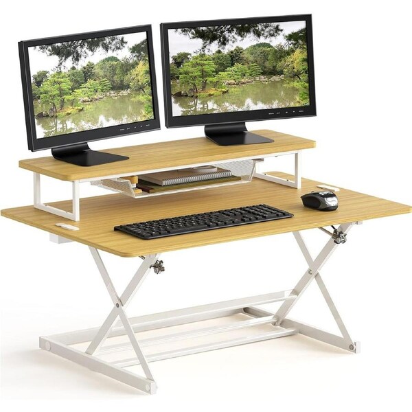 Oak Standing Desk Converter with Pneumatic Lift & Monitor Riser